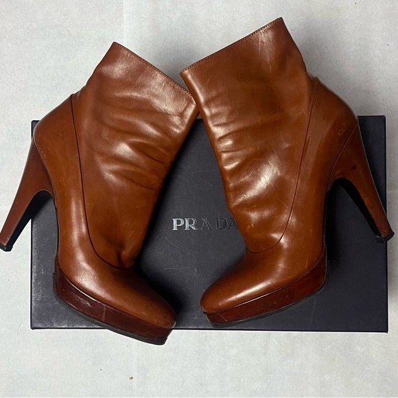 Vintage PRADA toasted tobacco high heeled platform booties - Picture 1 of 9